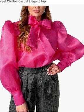 New Women’s Bow-Tie Sheer Puff Sleeve Chiffon Blouse